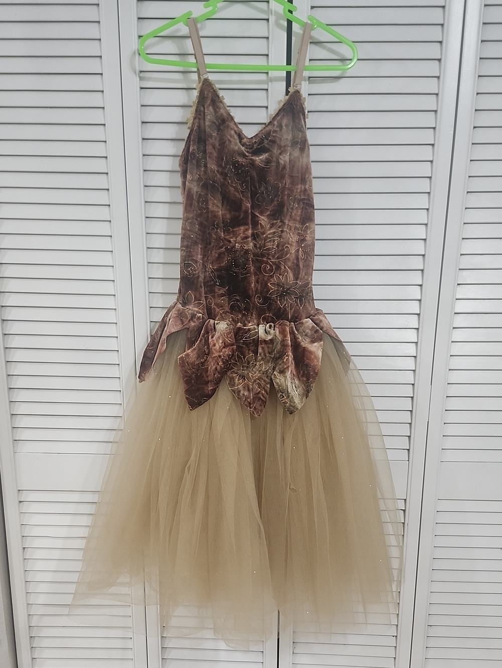 Girls Brown Velvet Fairy Costume Dress with Gold Tulle Skirt